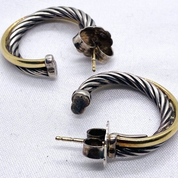 David Yurman Sterling Silver 925 18K Bonded Yellow Gold Crossover Hoops - Picture 3 of 10